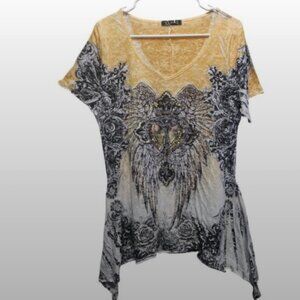 Urban X Boho Angel Wings Burnout Asymmetrical Top Women’s L Yellow Graphic
